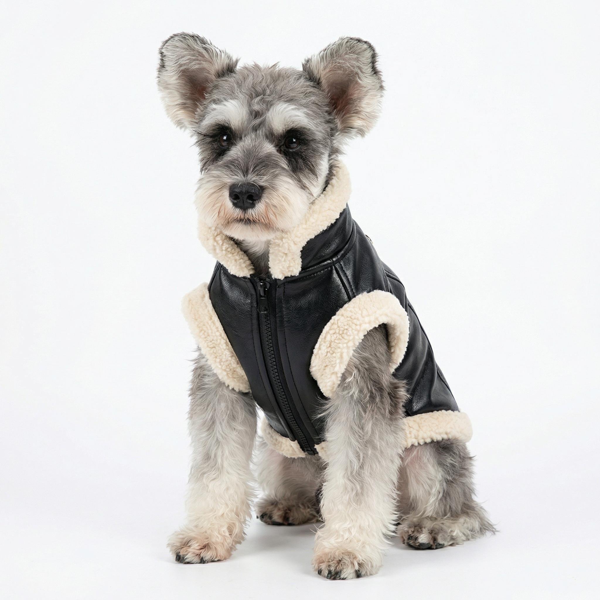 Black Faux Leather Sherpa Pet Jacket, Warm Sleeveless Dog Vest with Zipper Closure