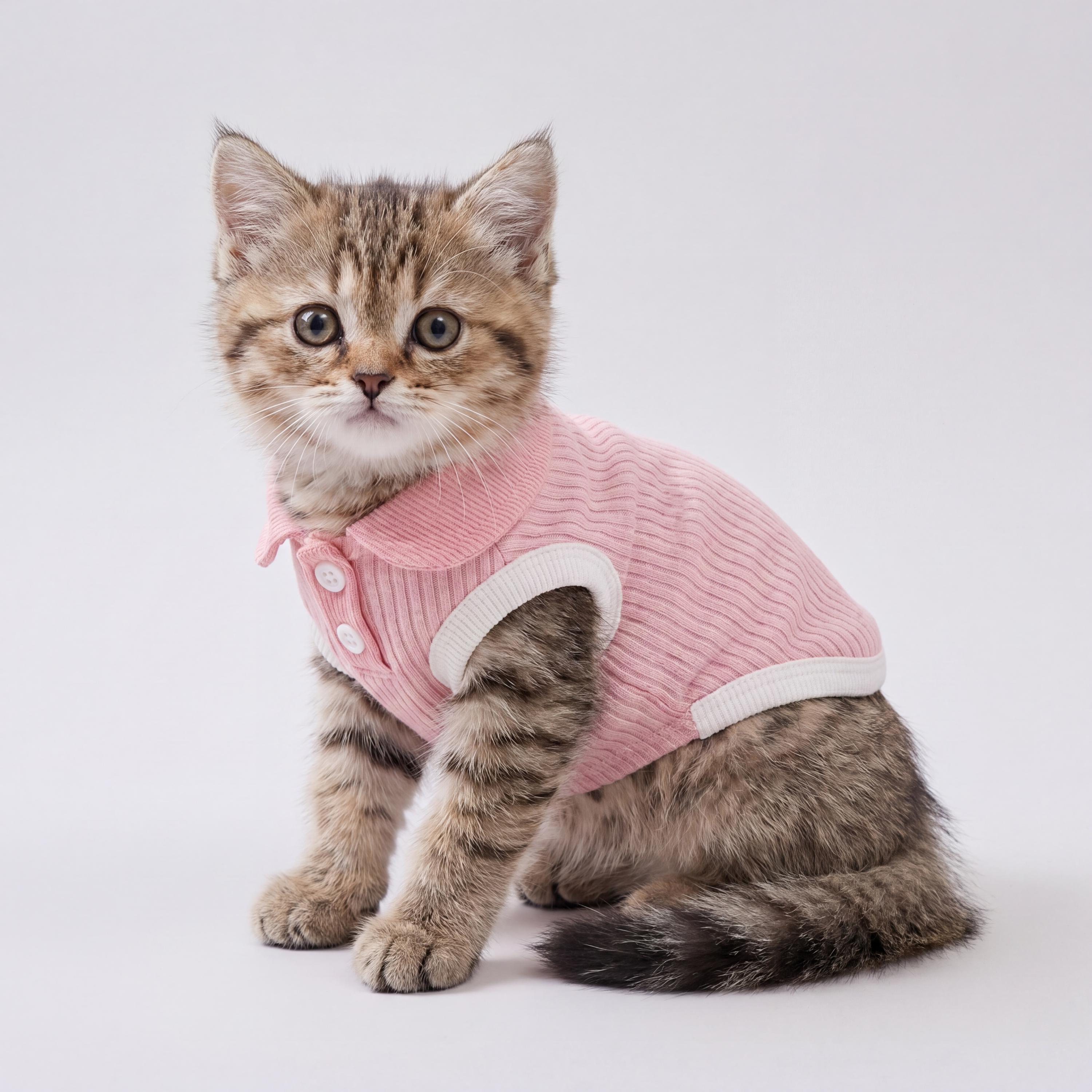 Pink Ribbed Polo Pet Shirt, Soft Sleeveless Cat and Small Dog Outfit