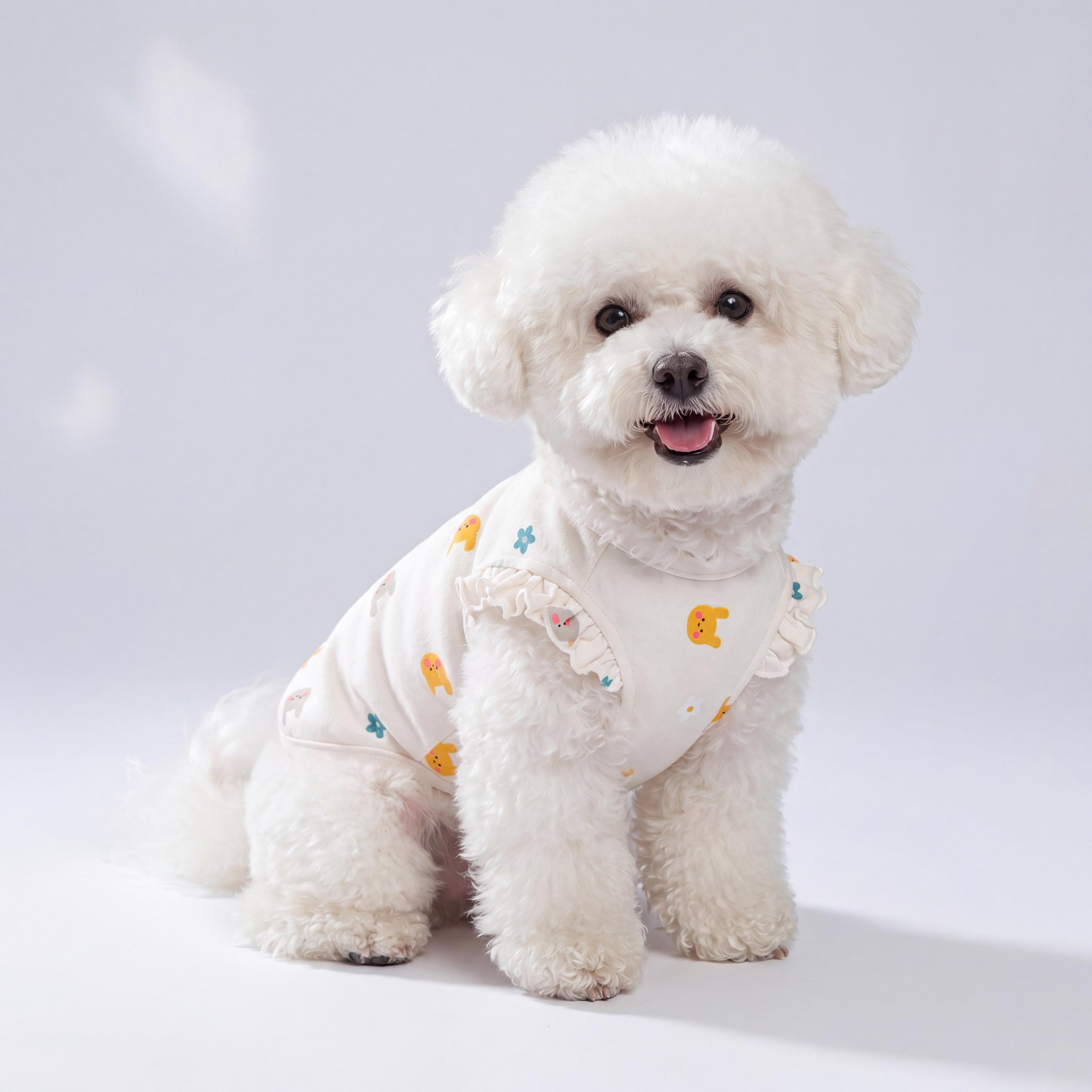 White Ruffle Pet Dress with Cute Animal Print, Soft Sleeveless Dog Shirt for Small Dogs and Cats