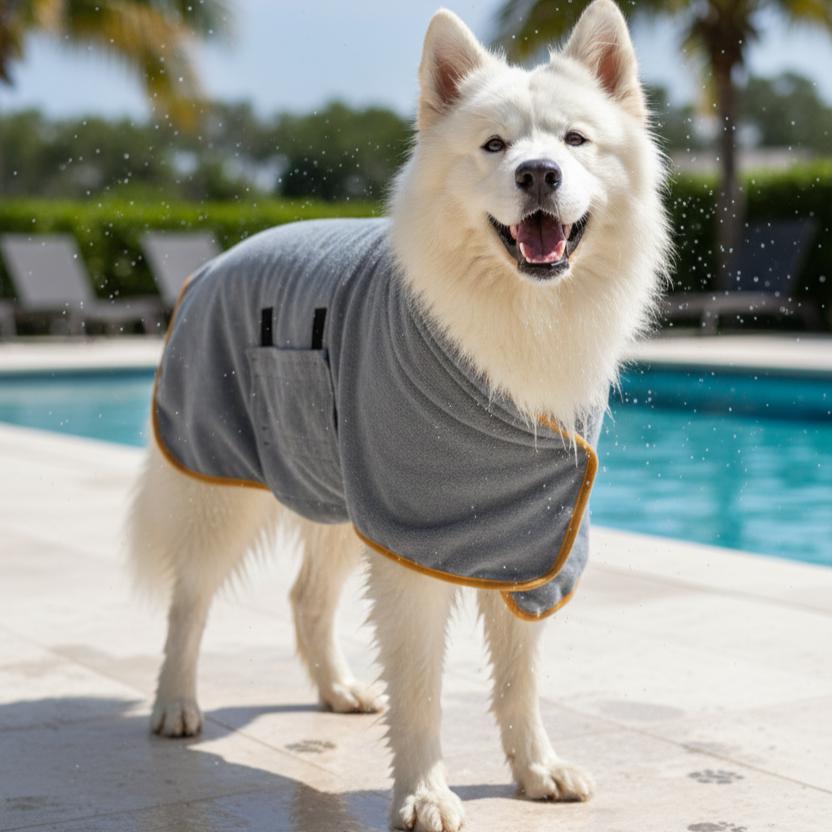 Gray Microfiber Pet Bathrobe, Soft Absorbent Dog Drying Towel Wrap with Contrast Trim
