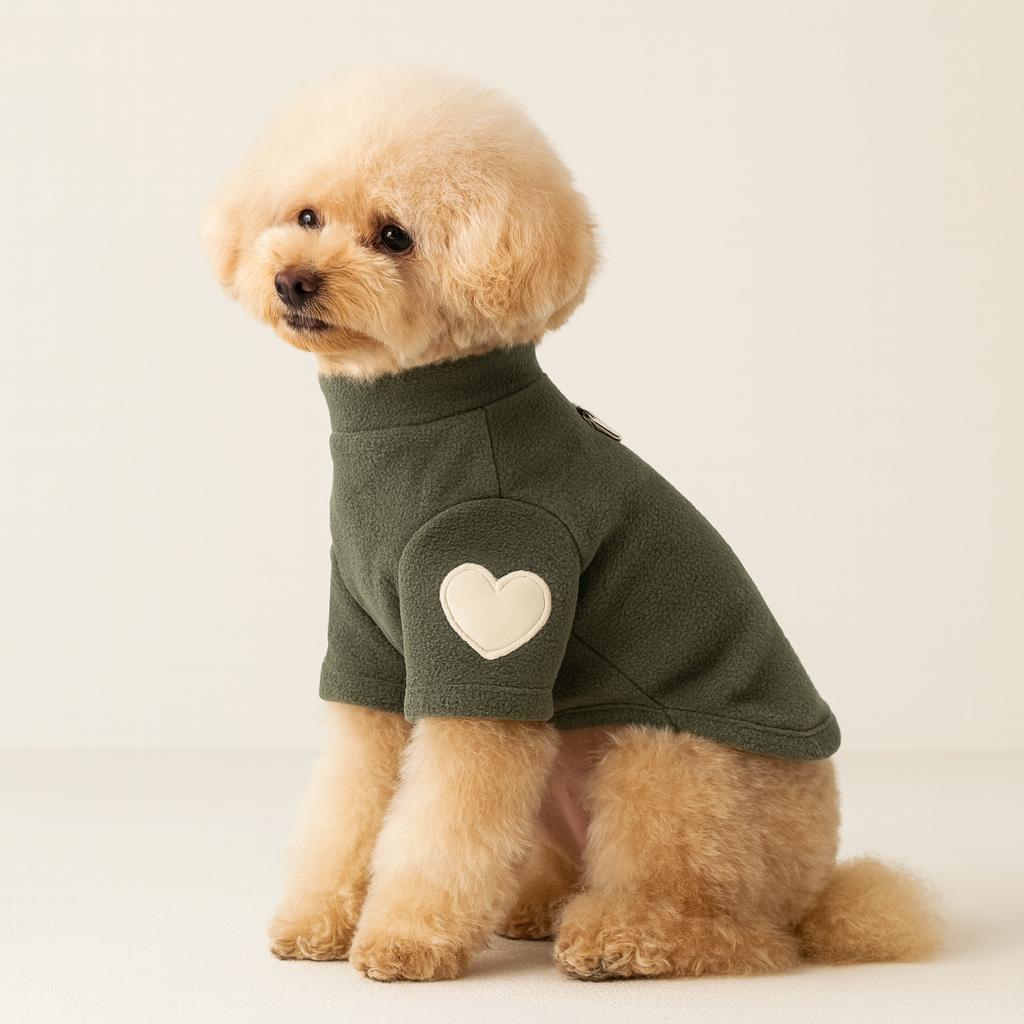 Olive Green Heart Patch Pet Sweater, Soft Turtleneck Dog Shirt for Small Dogs and Cats
