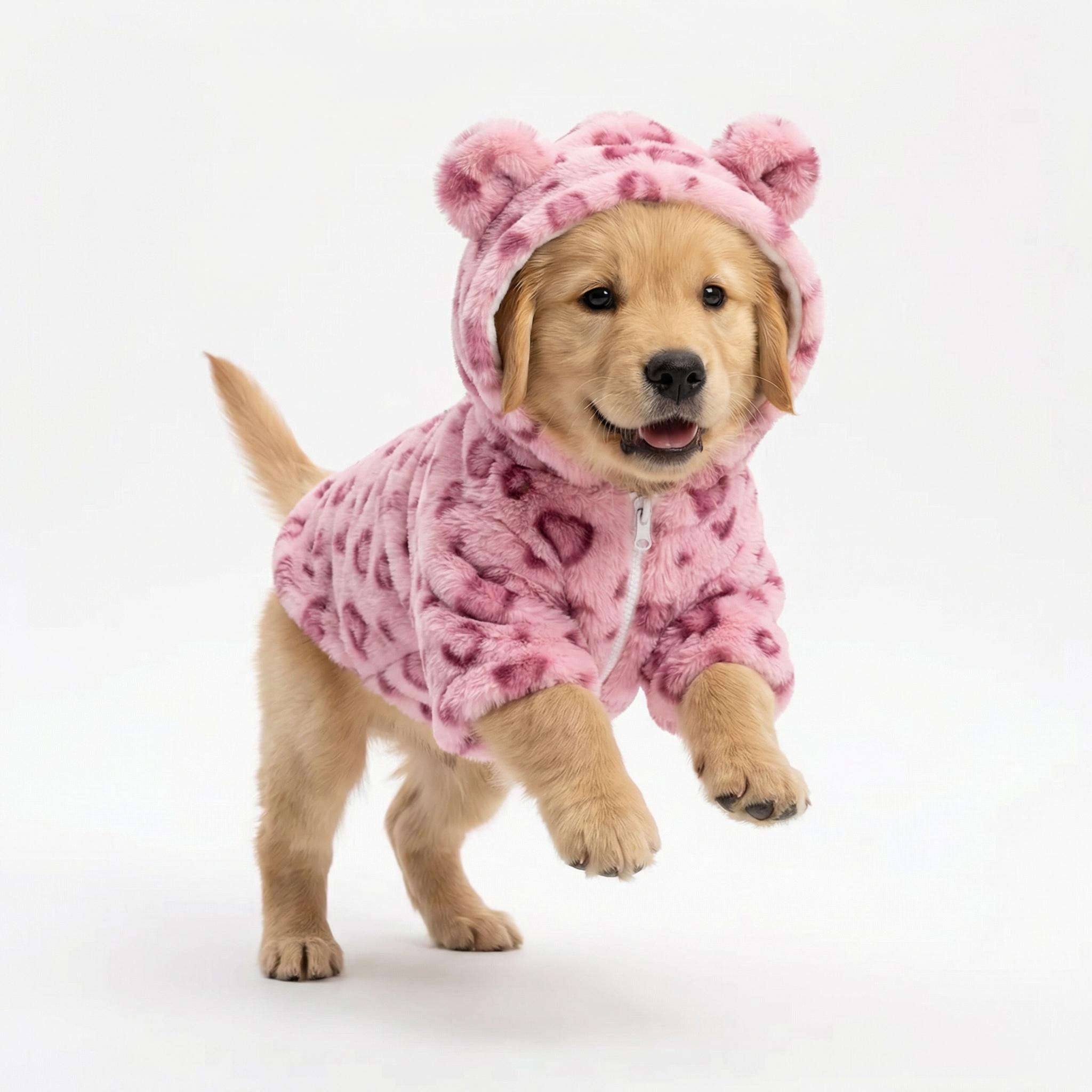 Pink Heart Plush Pet Hoodie, Soft Fleece Dog Jacket with Bear Ear Hood