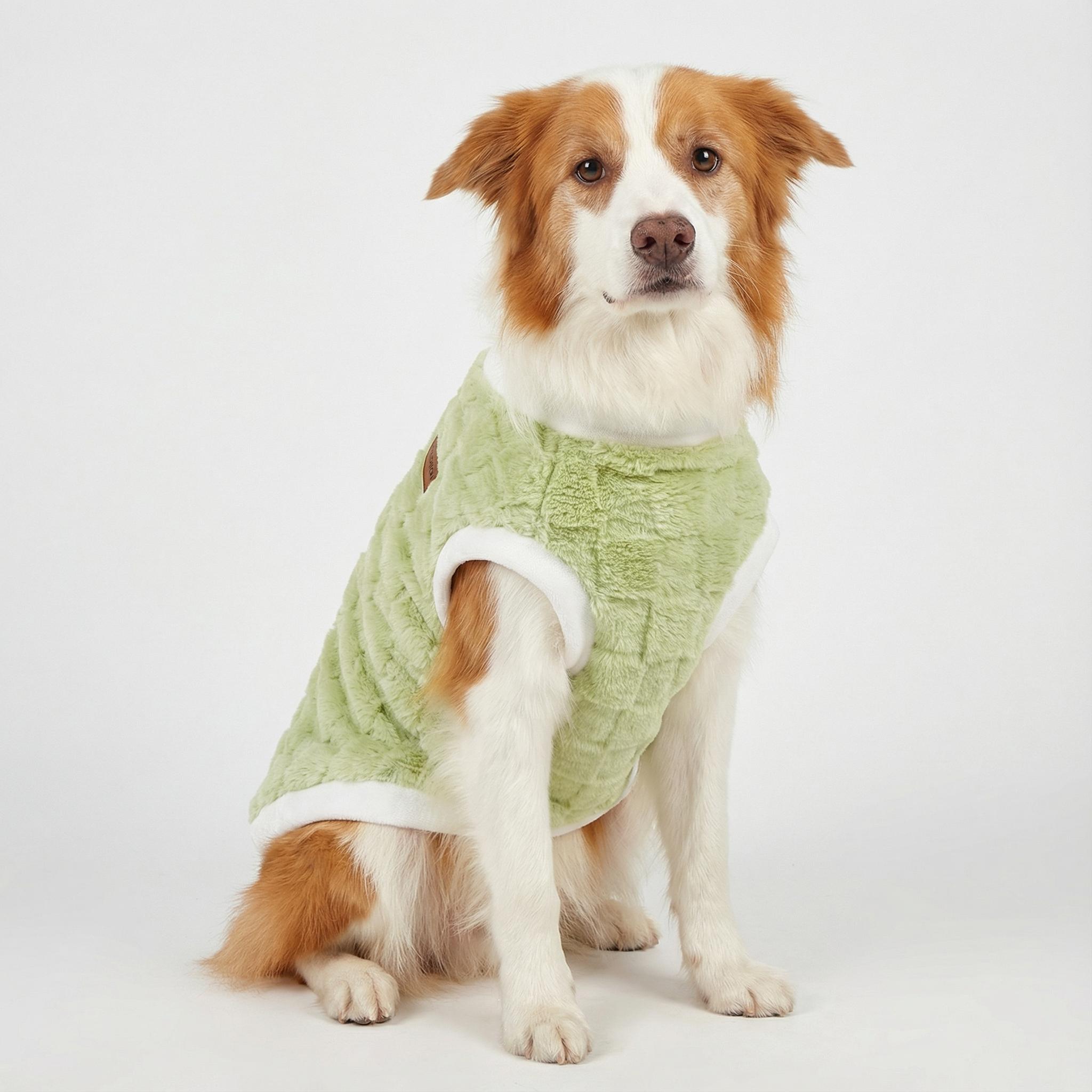 Light Green Plush Pet Vest, Soft Fleece Sleeveless Dog Sweater with White Trim