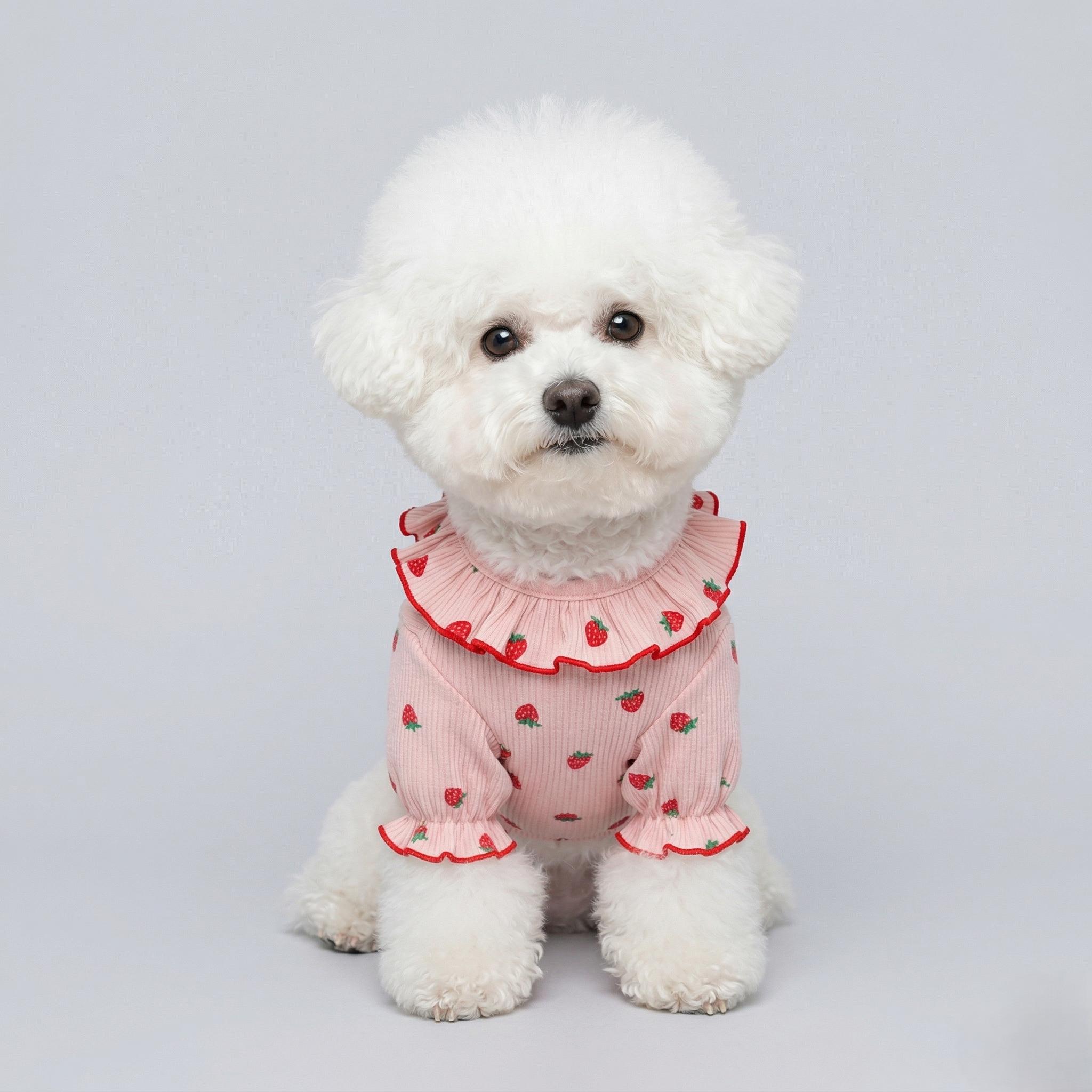 Pink Strawberry Ruffle Pet Dress, Soft Ribbed Dog Shirt for Small Dogs and Cats