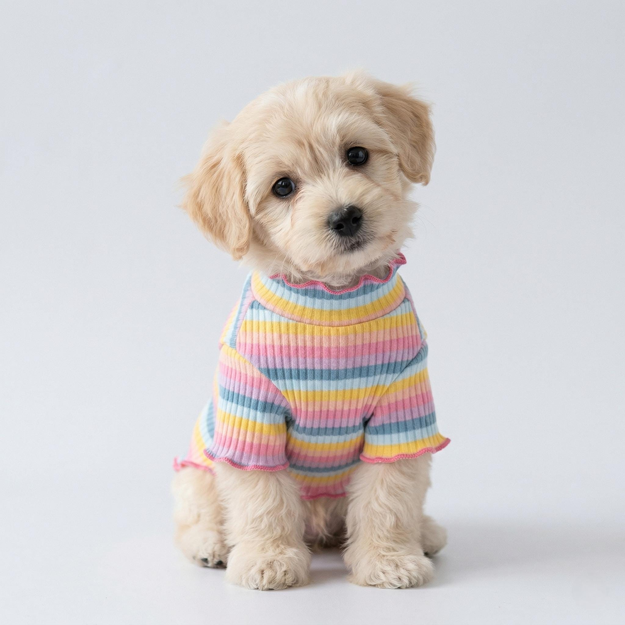 Pastel Rainbow Striped Pet Shirt, Soft Ribbed Short Sleeve Dog Outfit for Small Dogs and Cats
