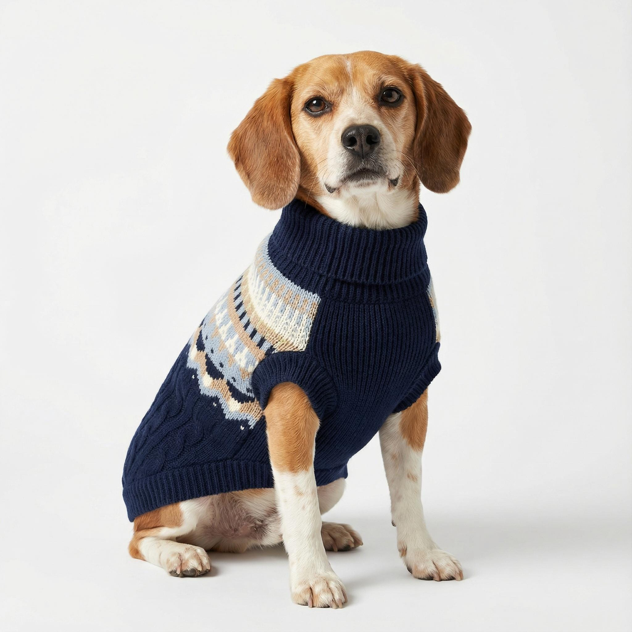 Navy Fair Isle Knit Pet Sweater, Warm Turtleneck Dog Shirt for Small and Medium Dogs
