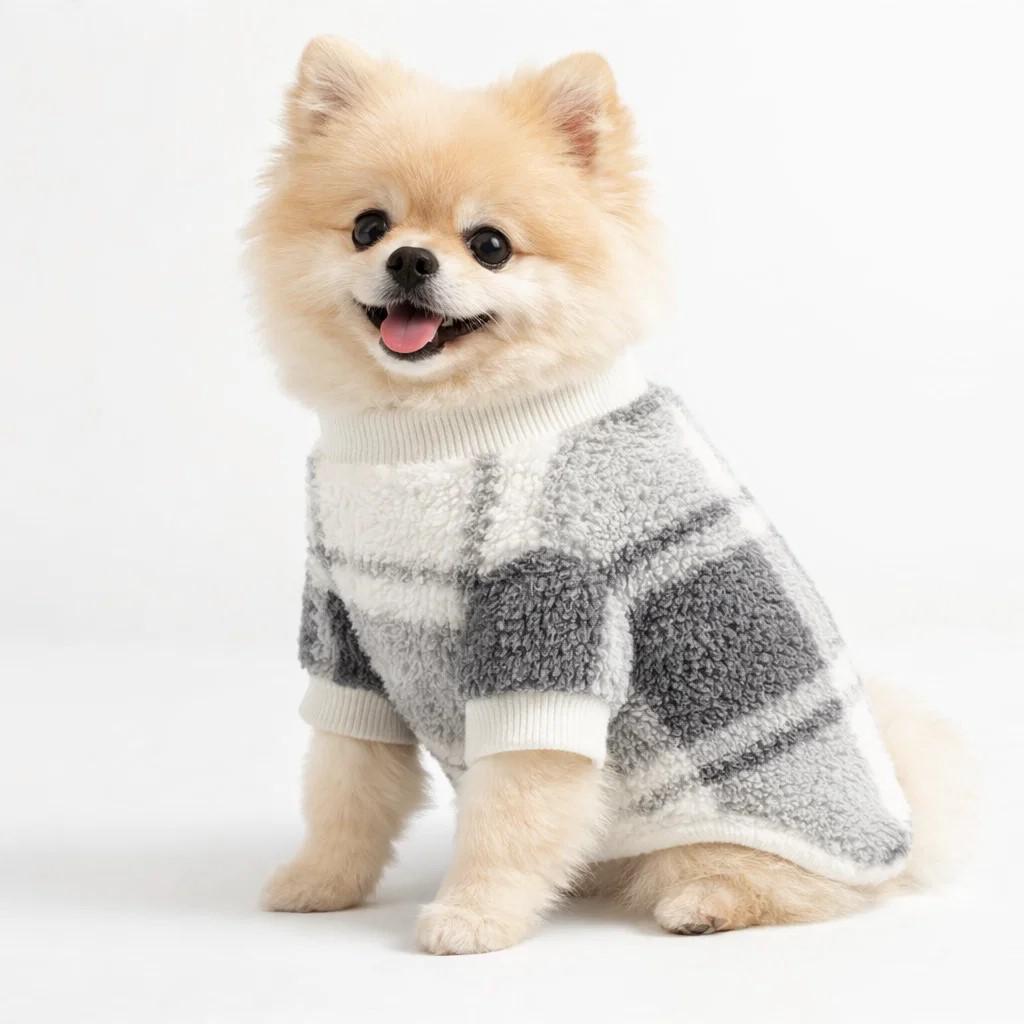 Gray and White Checkered Plush Pet Sweater, Soft Short Sleeve Dog Shirt for Small Dogs and Cats